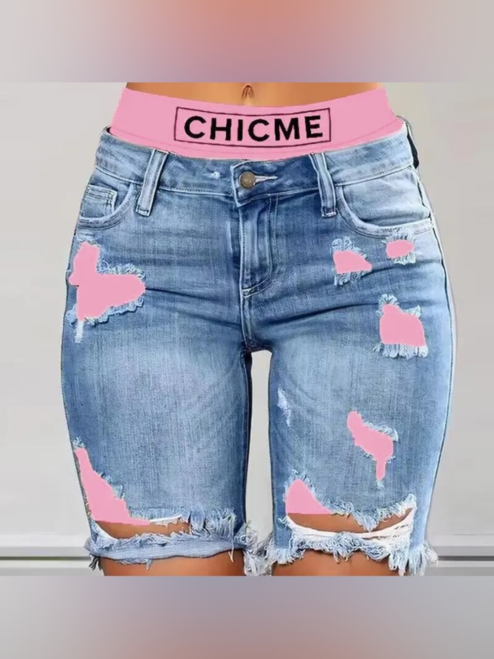 NWOT CHICME 2 in 1 Distressed Denim Bermuda Shorts with Purple Biker Shorts